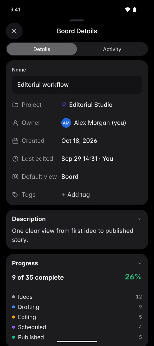Board details with progress by column and each person's workload (an Android phone)