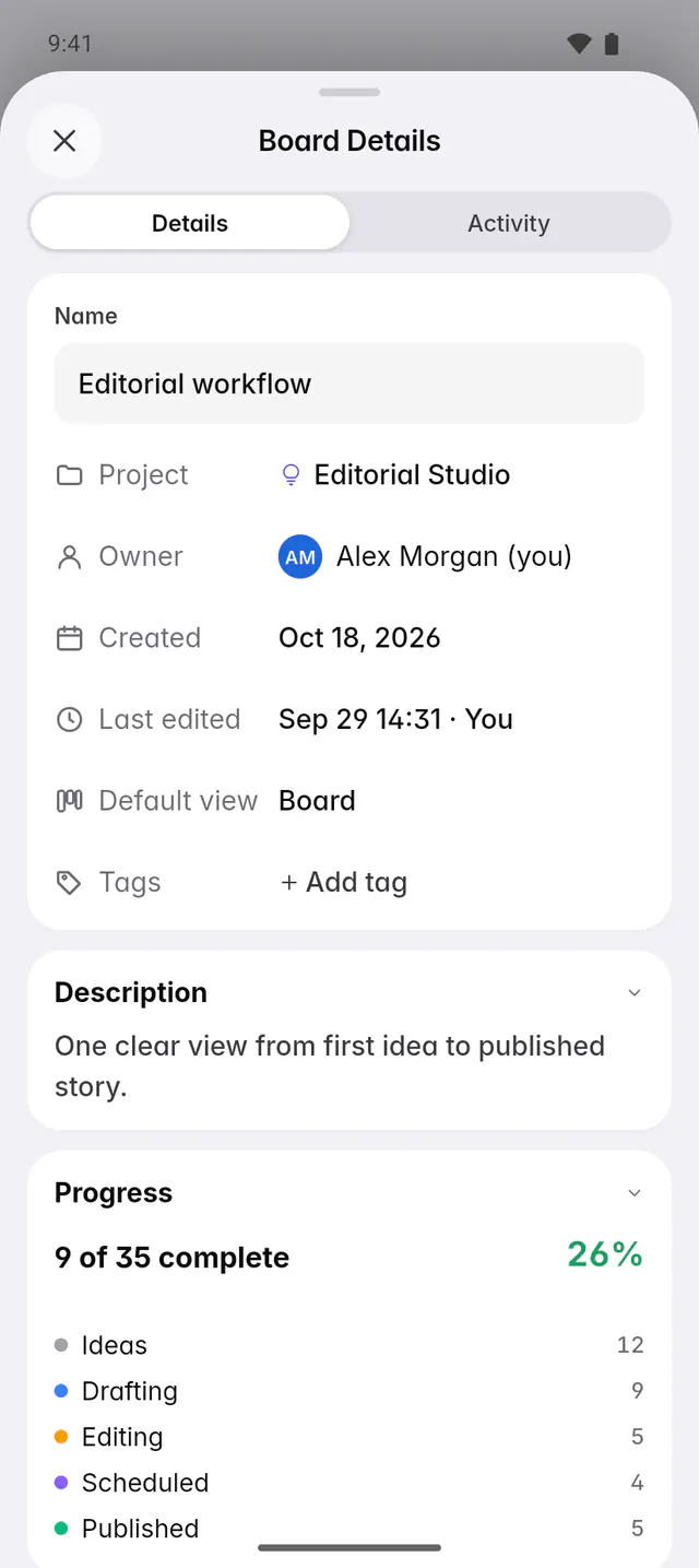 Board details with progress by column and each person's workload (an Android phone)