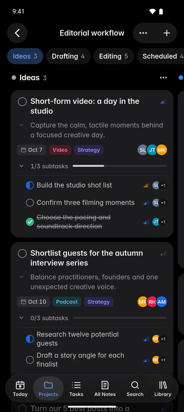 A board with Ideas, Drafting and Editing columns of task cards (an Android phone)