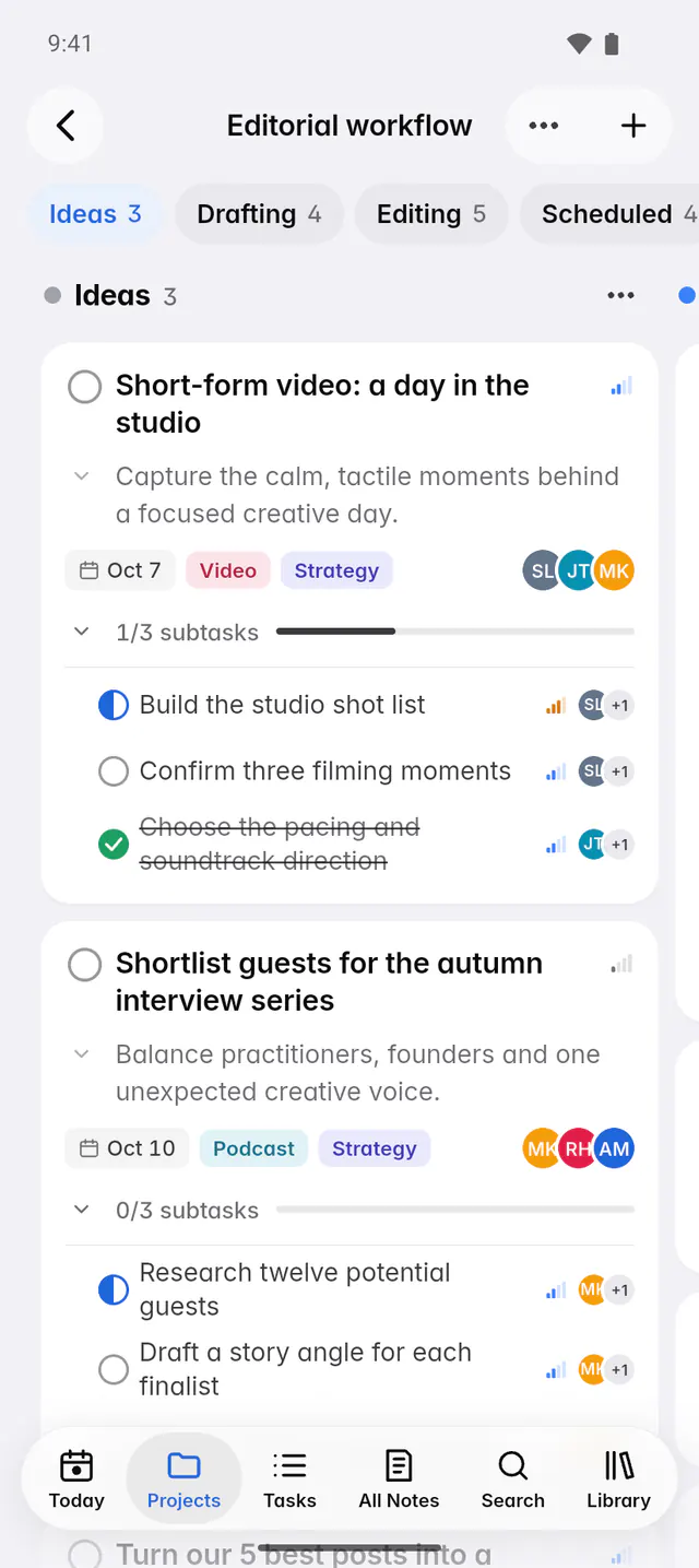 A board with Ideas, Drafting and Editing columns of task cards (an Android phone)