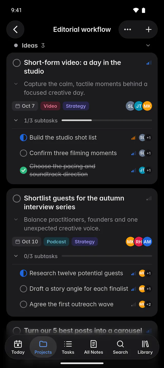 The board as a list, grouped by column, with tags, priority, due dates and people (an Android phone)