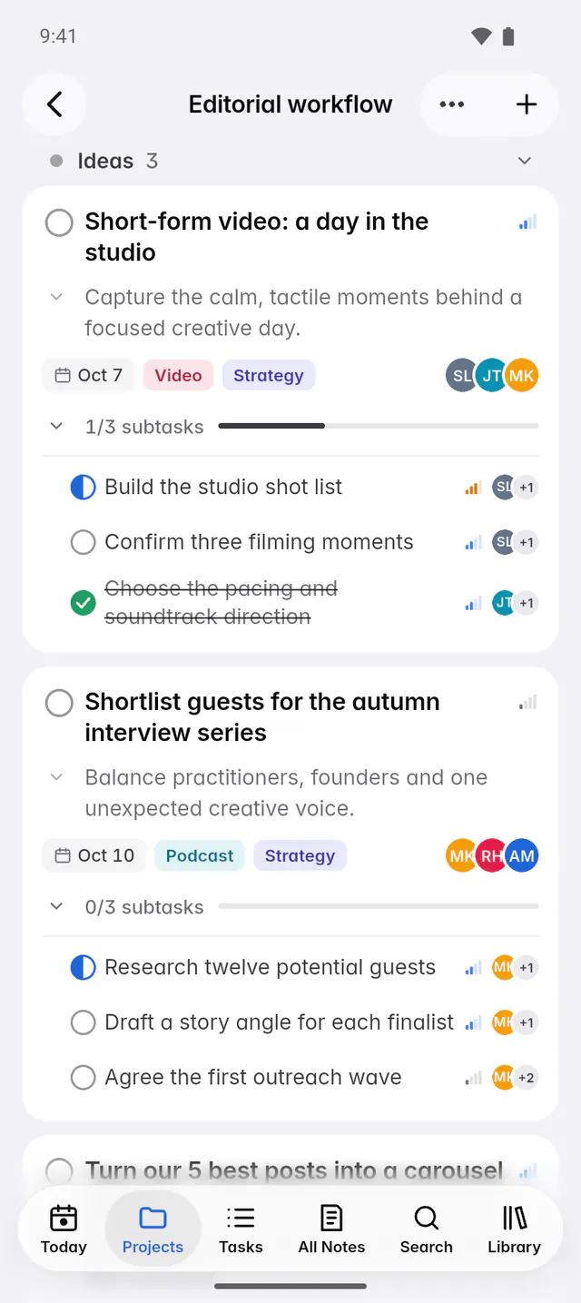 The board as a list, grouped by column, with tags, priority, due dates and people (an Android phone)