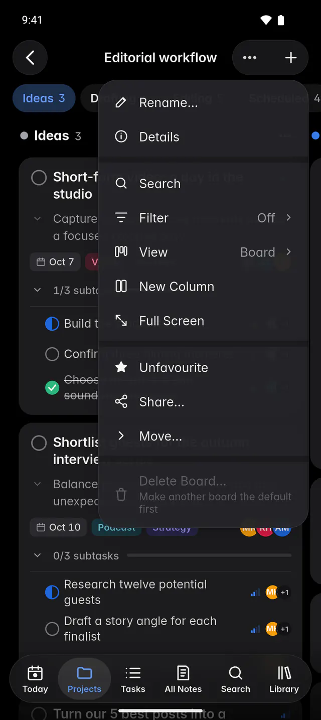 The board's view options for filtering, grouping, sorting and the fields shown on cards (an Android phone)