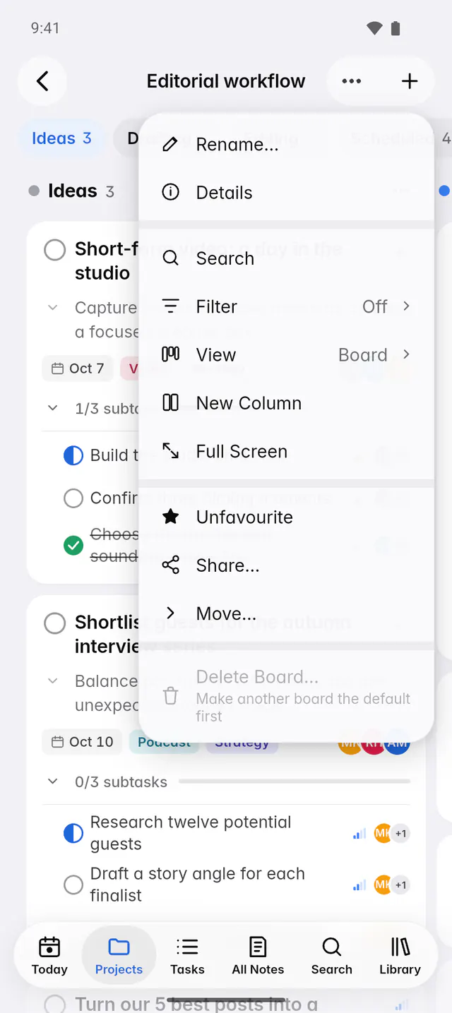 The board's view options for filtering, grouping, sorting and the fields shown on cards (an Android phone)