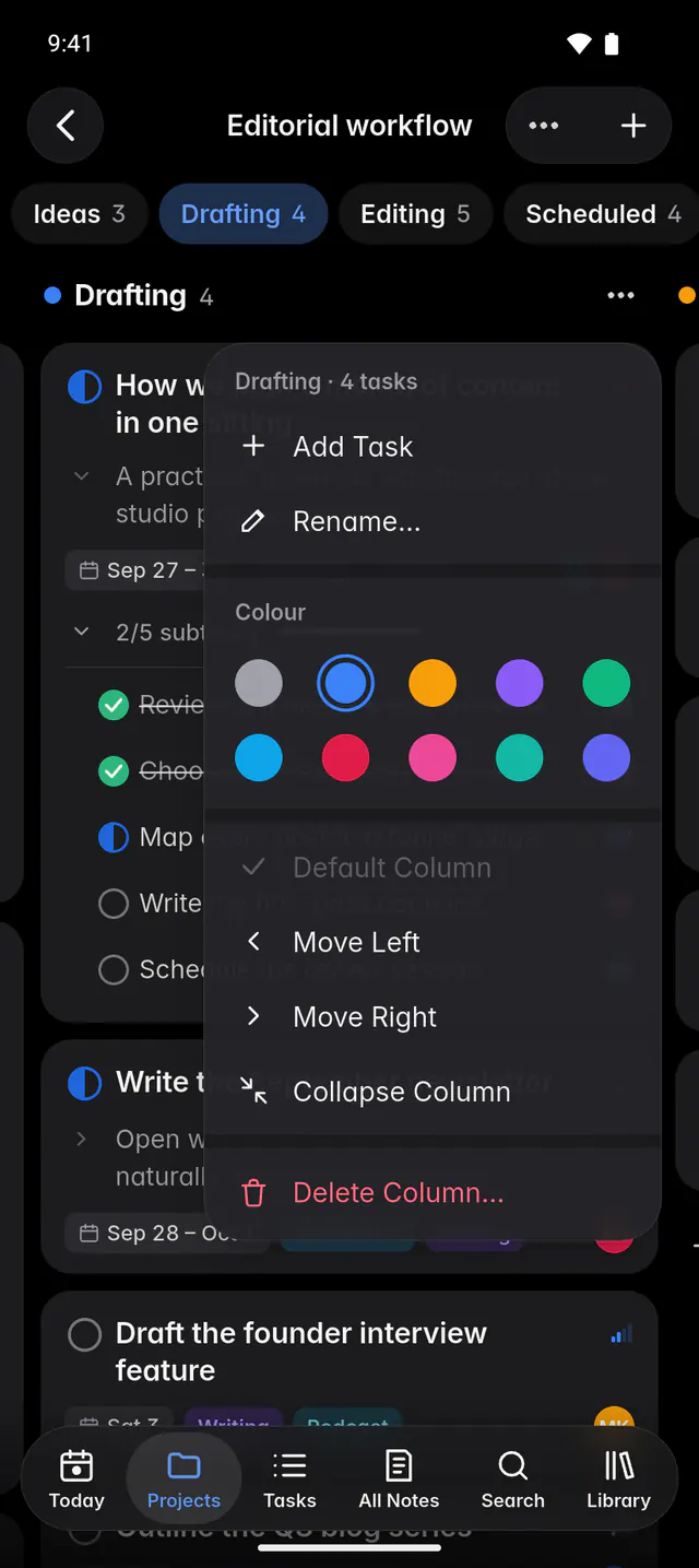 A column's menu with Add task, Rename, Colour, Move left, Move right, Collapse and Delete (an Android phone)