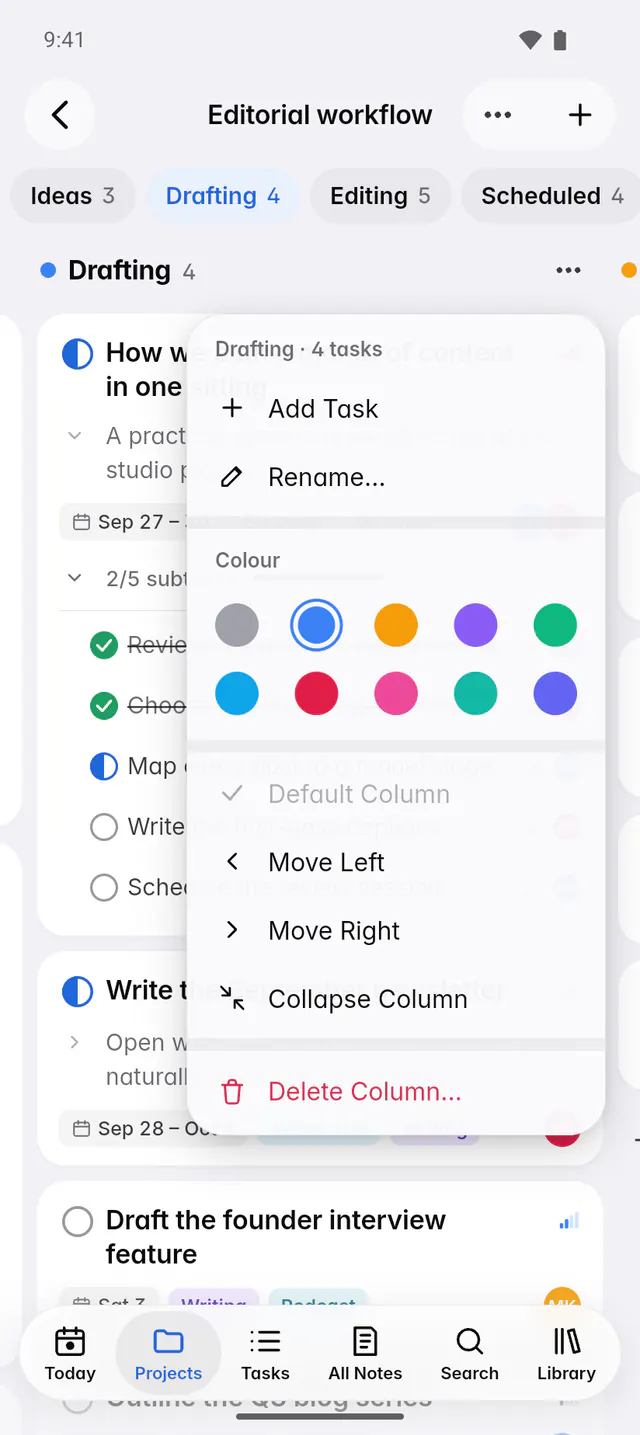 A column's menu with Add task, Rename, Colour, Move left, Move right, Collapse and Delete (an Android phone)