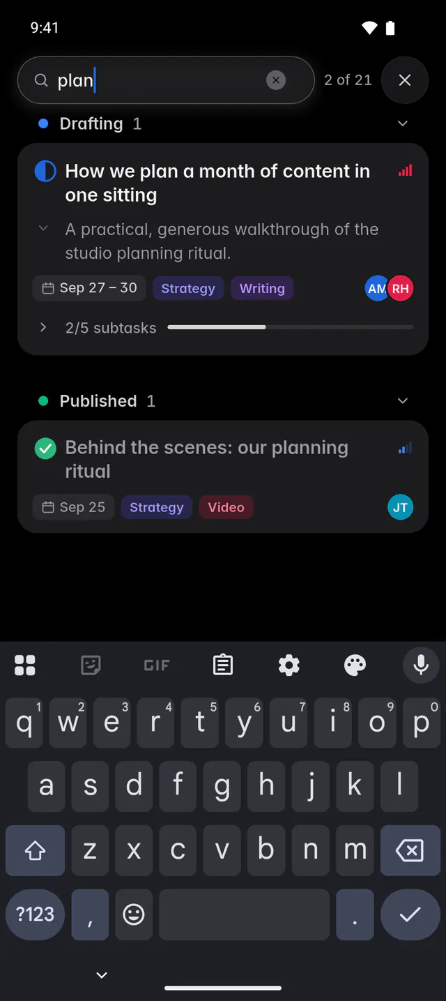 The board showing only the two cards whose names match blog (an Android phone)