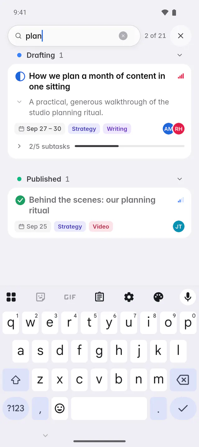 The board showing only the two cards whose names match blog (an Android phone)