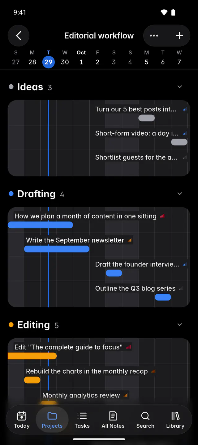 The board as a timeline, with each task as a bar across the dates (an Android phone)