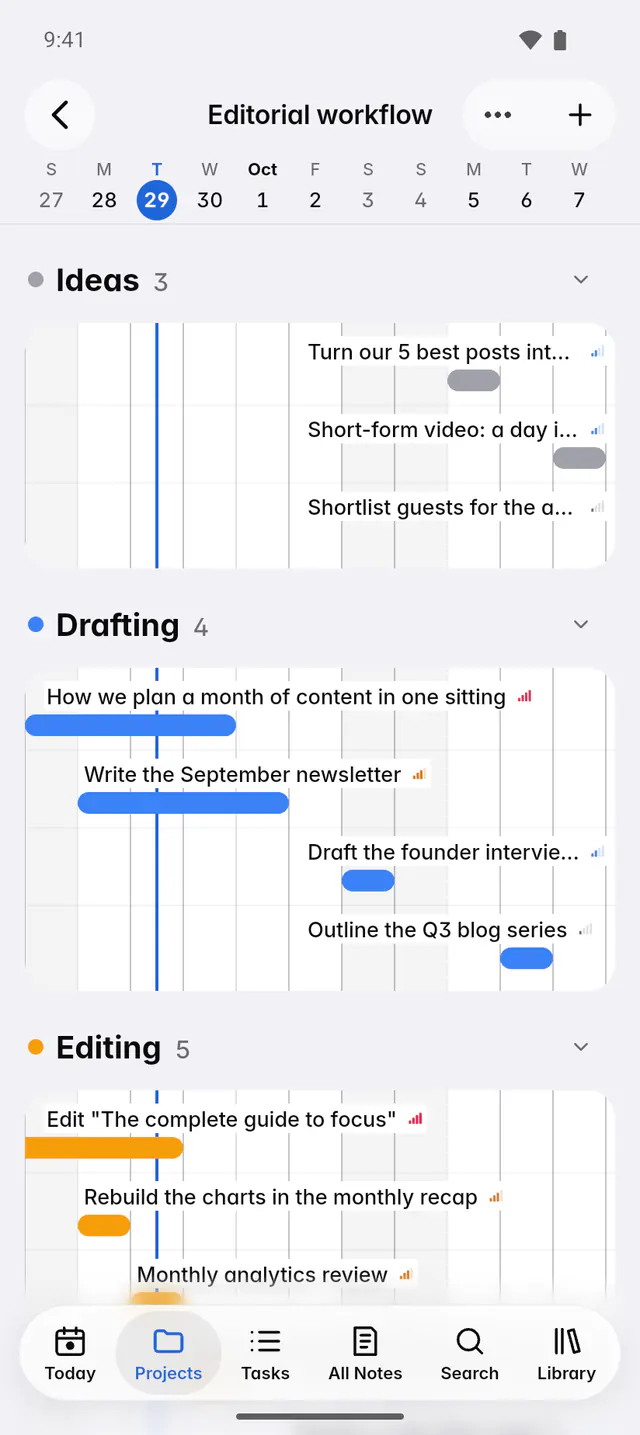 The board as a timeline, with each task as a bar across the dates (an Android phone)