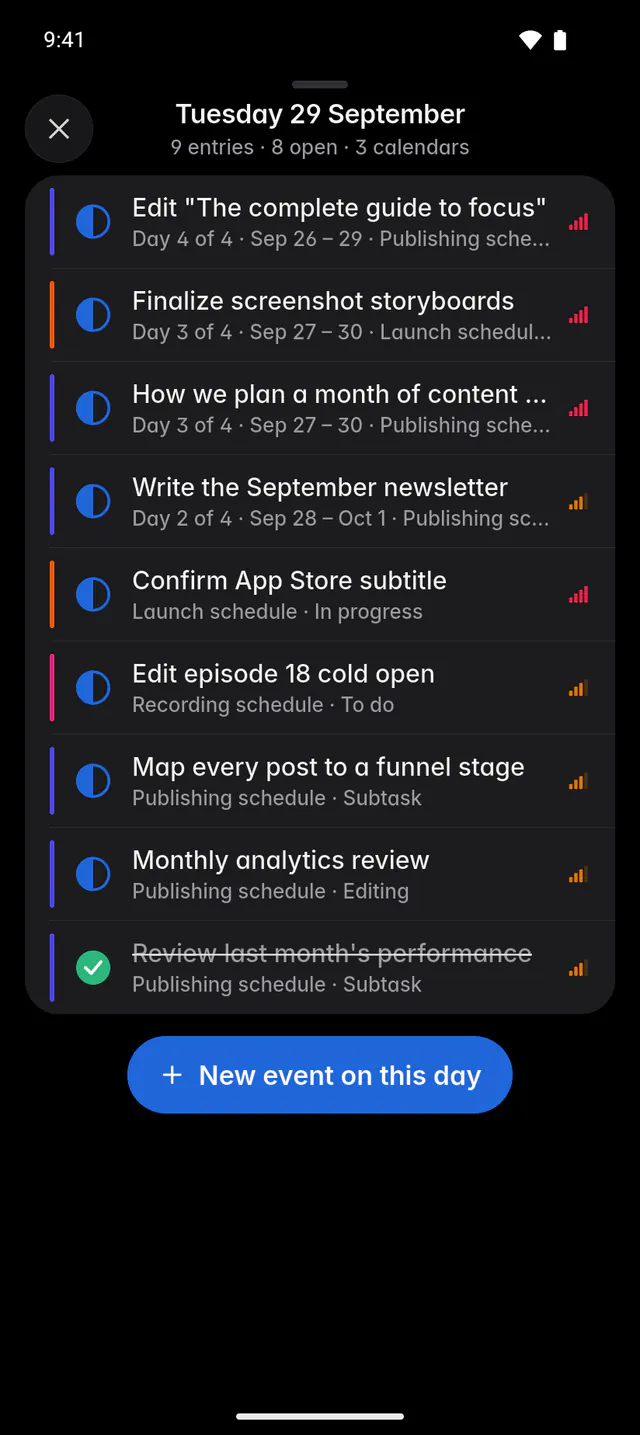 The entries of one day, with their status, dates and calendar (an Android phone)