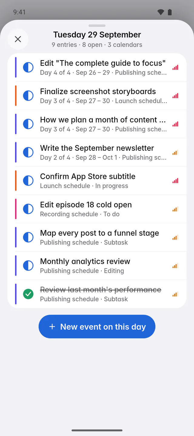 The entries of one day, with their status, dates and calendar (an Android phone)