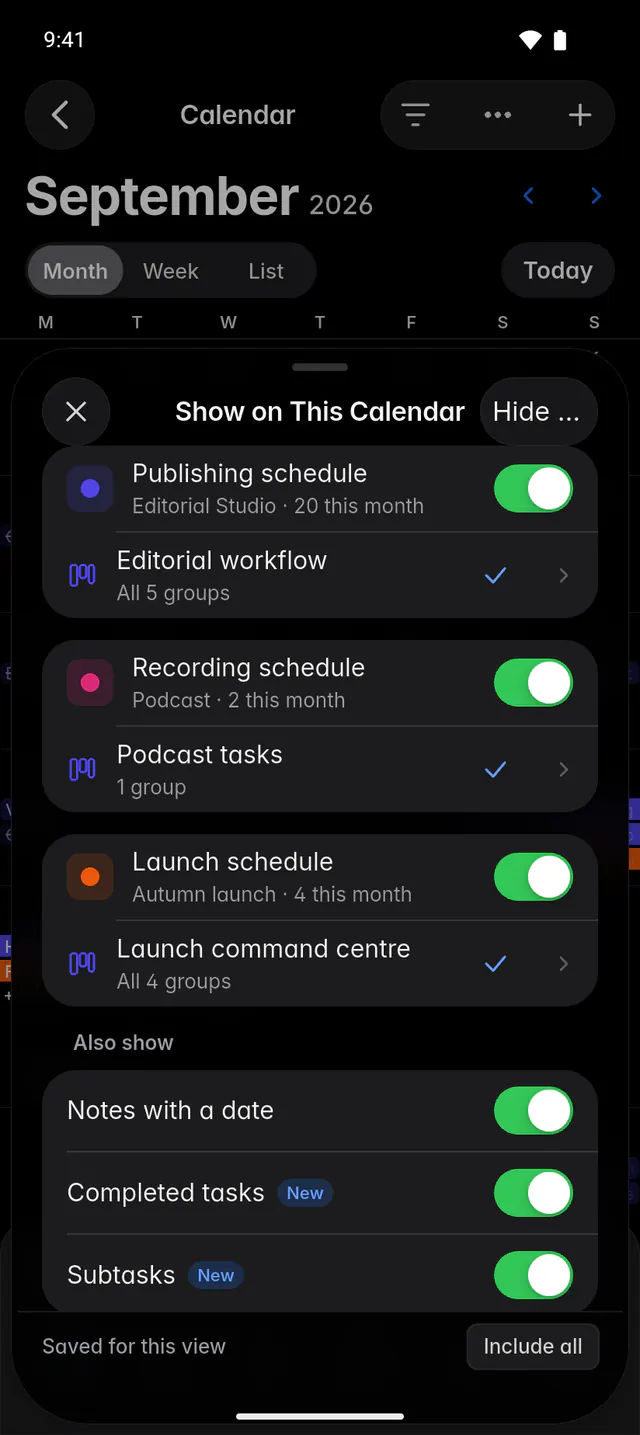 The Show on this calendar panel with calendars, boards and the Also show switches (an Android phone)