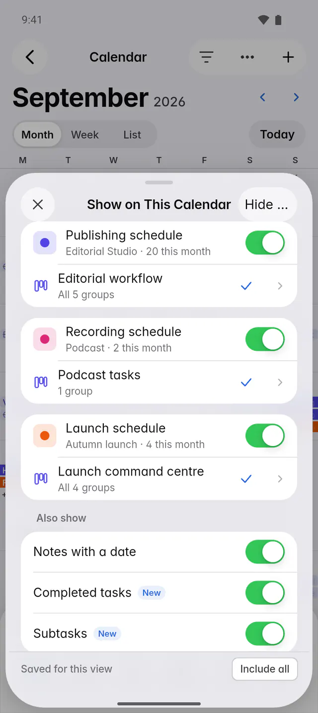 The Show on this calendar panel with calendars, boards and the Also show switches (an Android phone)