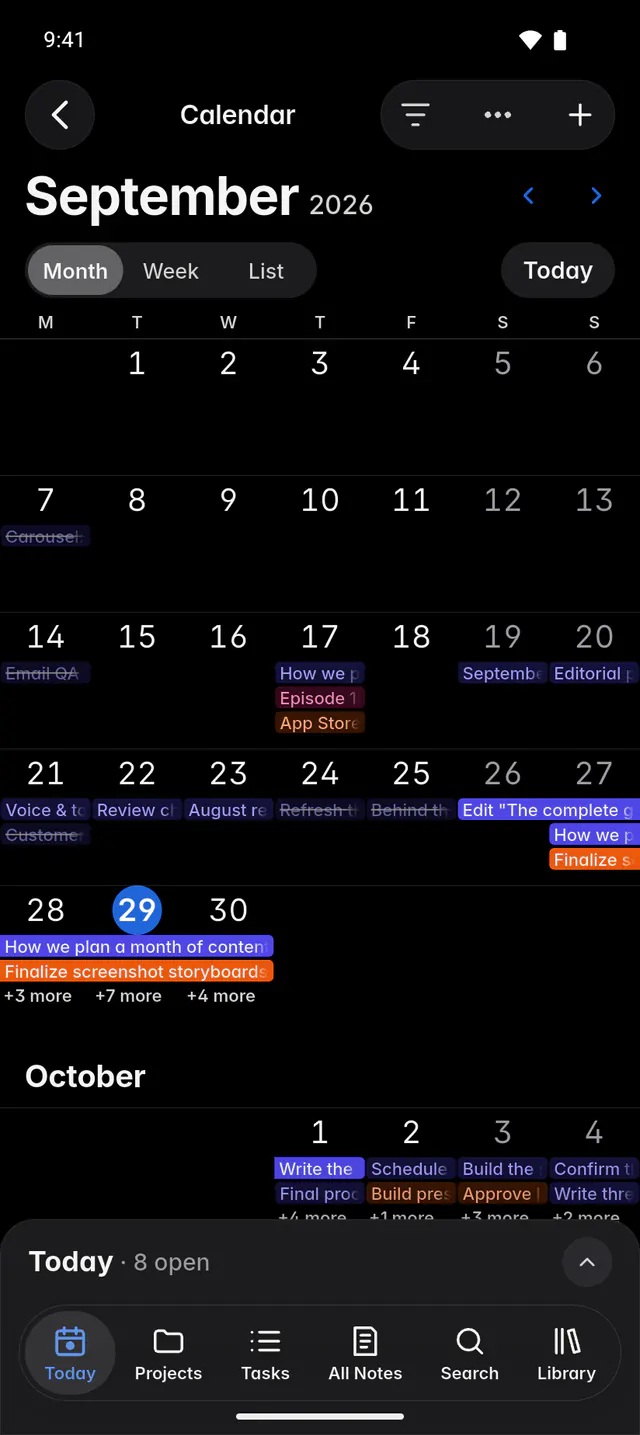 A calendar month with tasks on their days and multi-day tasks as bars (an Android phone)