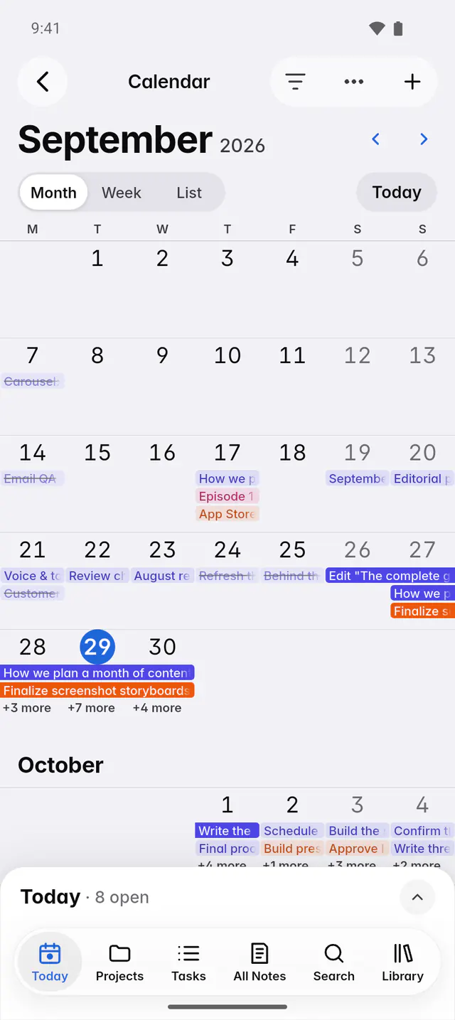 A calendar month with tasks on their days and multi-day tasks as bars (an Android phone)