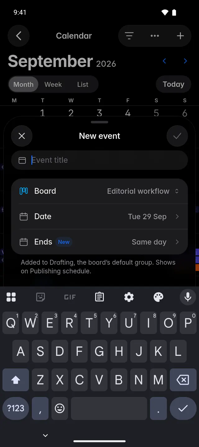 The New event form with a title, a board, a date and an optional end date (an Android phone)