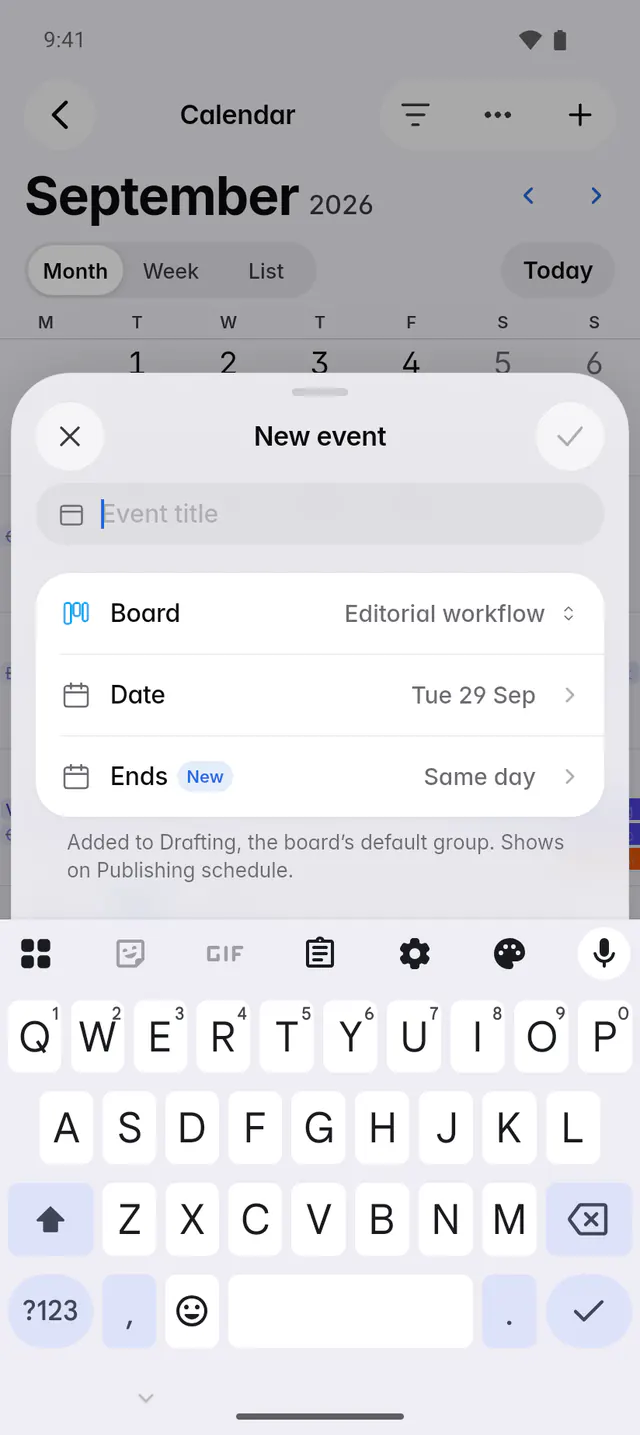 The New event form with a title, a board, a date and an optional end date (an Android phone)