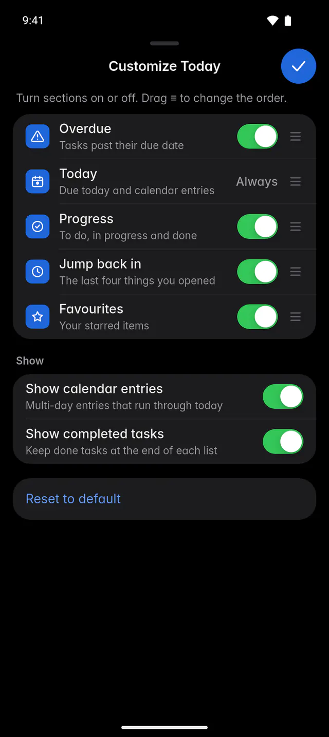 The Customize Today panel with switches for each section and for calendar entries and completed tasks (an Android phone)