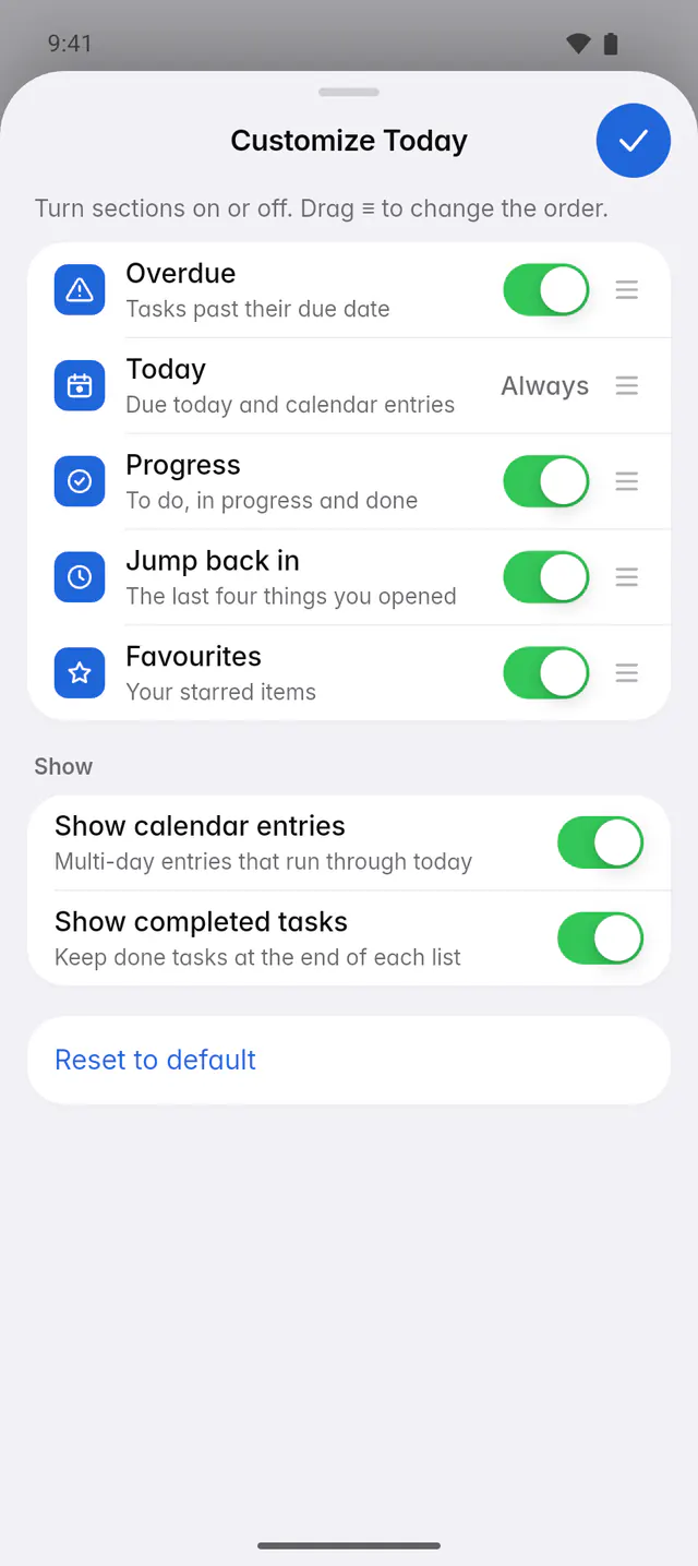 The Customize Today panel with switches for each section and for calendar entries and completed tasks (an Android phone)
