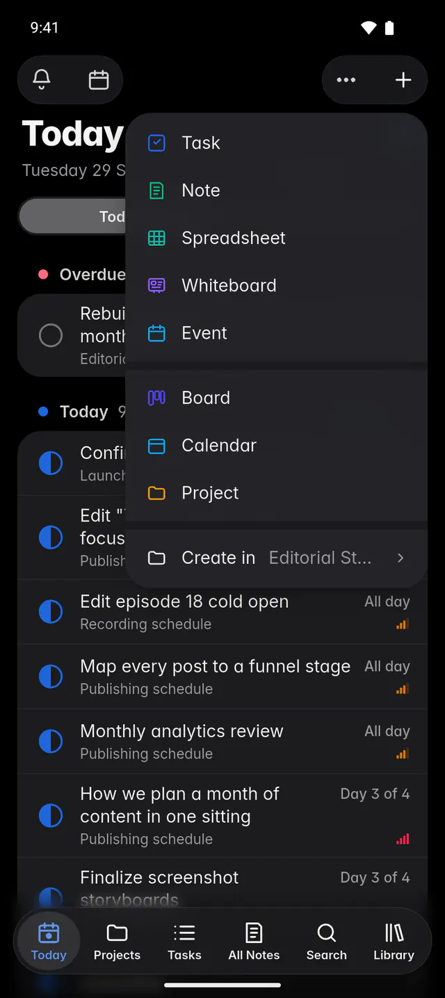 The New menu with Task, Note, Spreadsheet, Whiteboard, Event, Board, Calendar and Project (an Android phone)