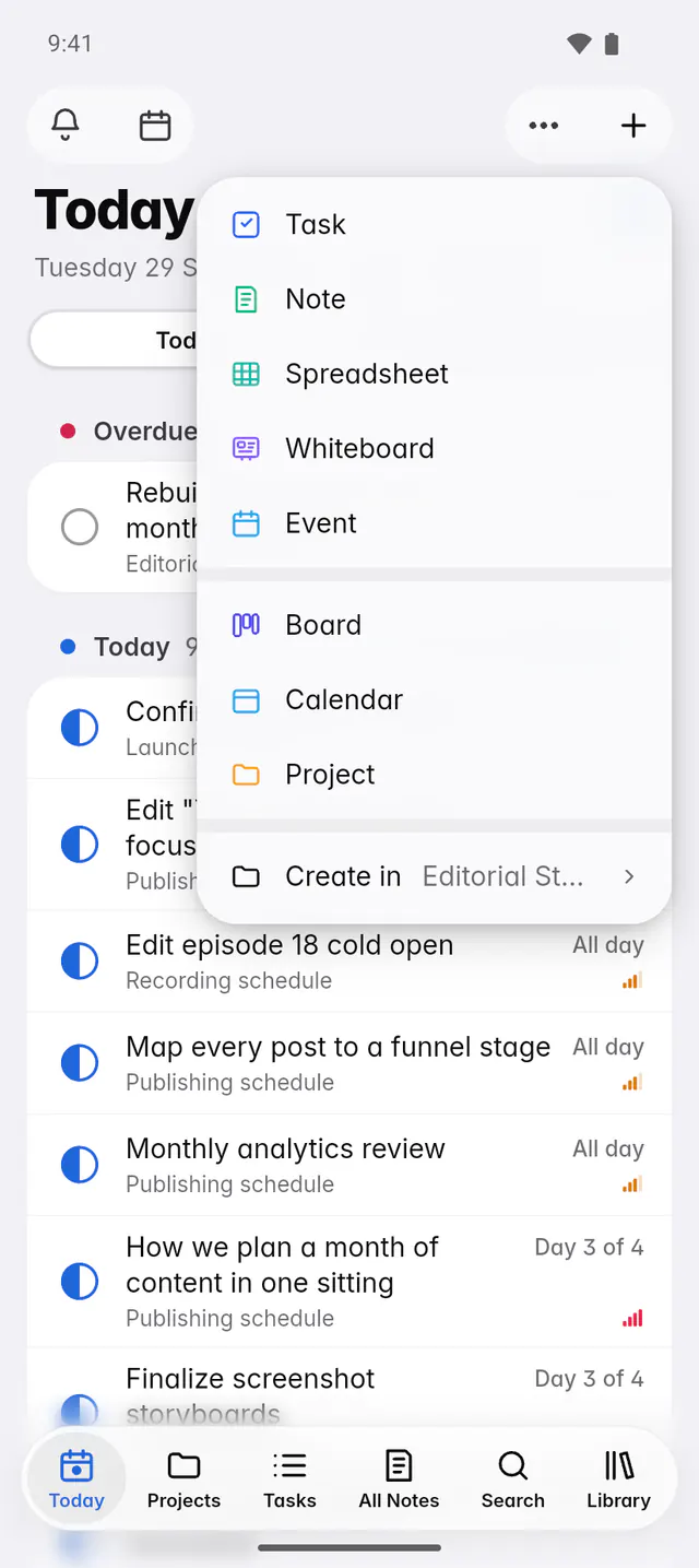 The New menu with Task, Note, Spreadsheet, Whiteboard, Event, Board, Calendar and Project (an Android phone)