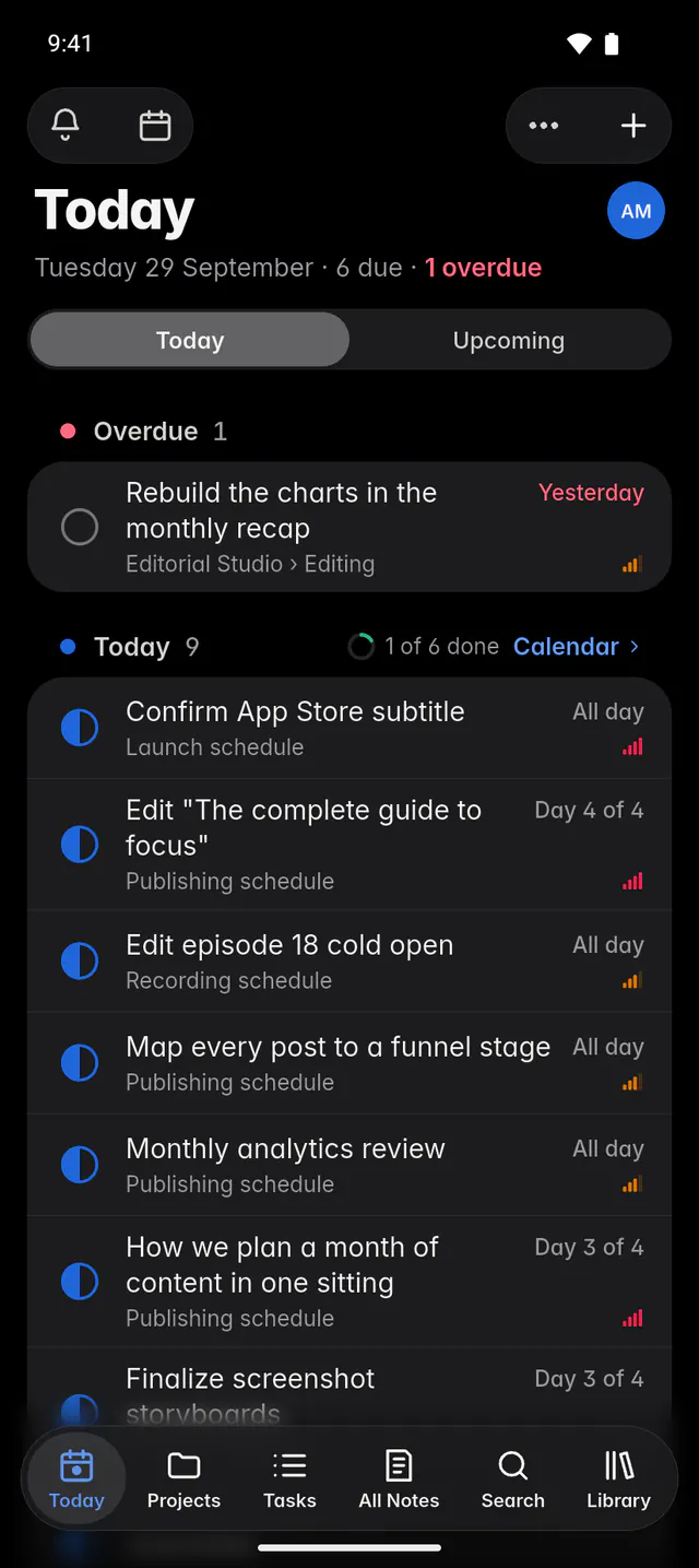 Today with one overdue task, the tasks due today and the day's progress (an Android phone)