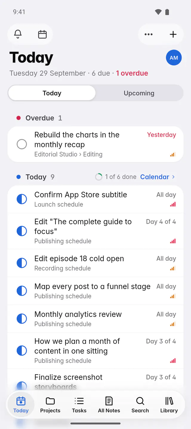 Today with one overdue task, the tasks due today and the day's progress (an Android phone)