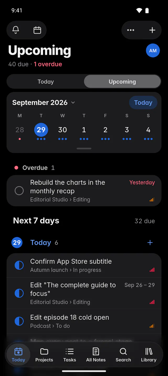 Upcoming with the week strip, an overdue task and the tasks for the next days (an Android phone)