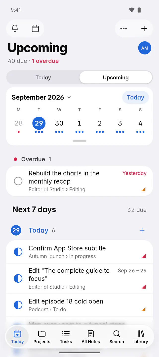 Upcoming with the week strip, an overdue task and the tasks for the next days (an Android phone)