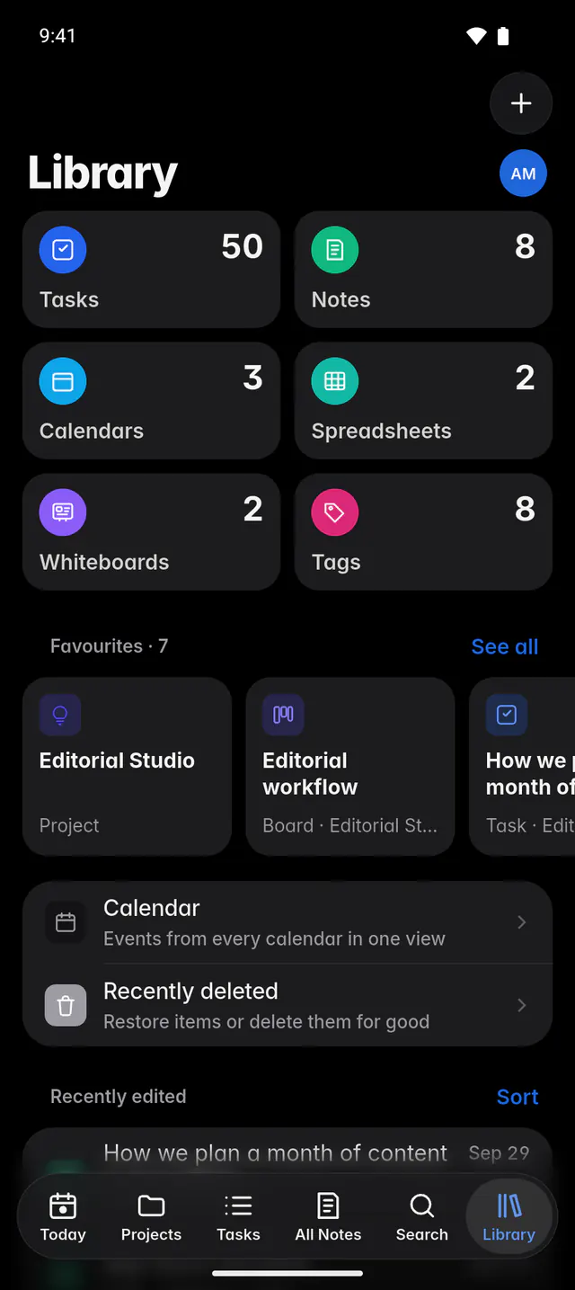The Library with tiles for each kind of item, favourites and recently edited items (an Android phone)