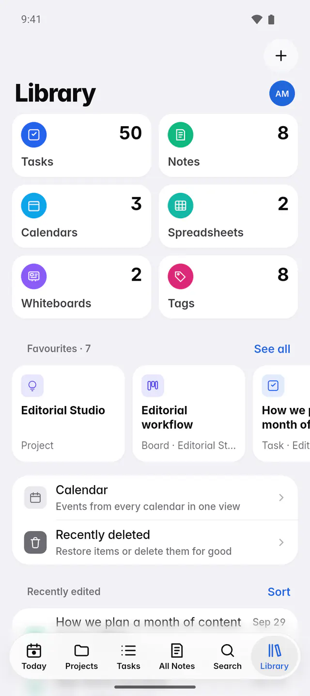 The Library with tiles for each kind of item, favourites and recently edited items (an Android phone)