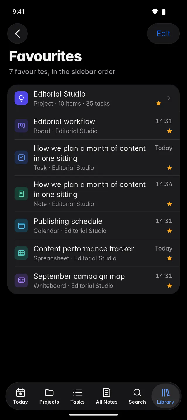 The Favourites list with a project, a board, a task, a note, a calendar, a spreadsheet and a whiteboard (an Android phone)