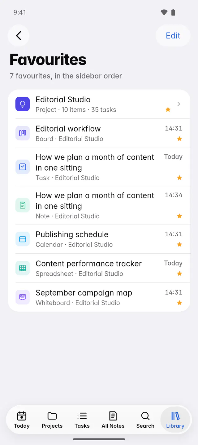 The Favourites list with a project, a board, a task, a note, a calendar, a spreadsheet and a whiteboard (an Android phone)