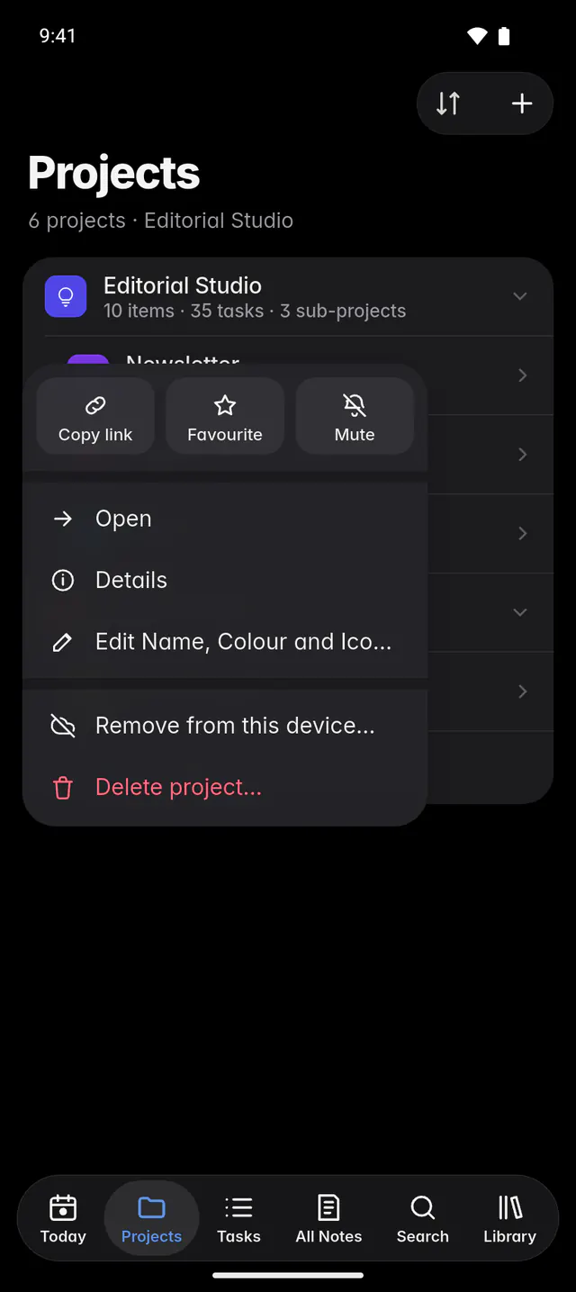 A project's menu with Open, New in project, Edit name, colour and icon, Copy link and Delete project (an Android phone)