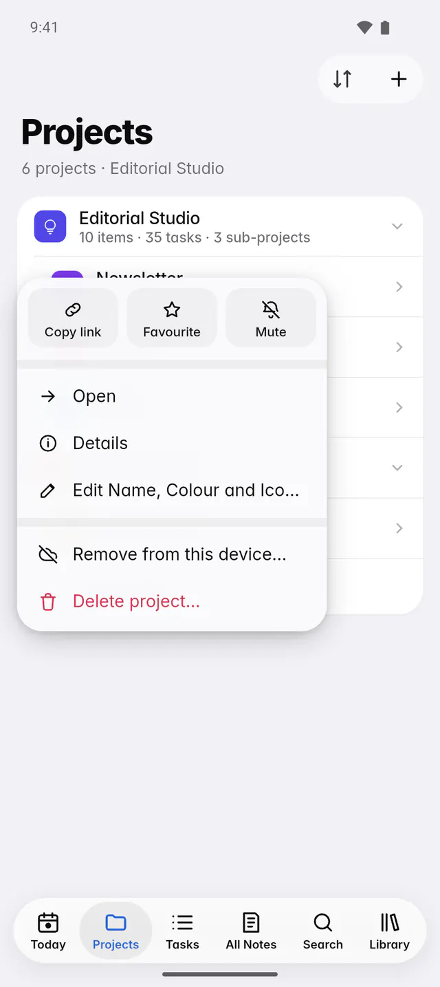 A project's menu with Open, New in project, Edit name, colour and icon, Copy link and Delete project (an Android phone)