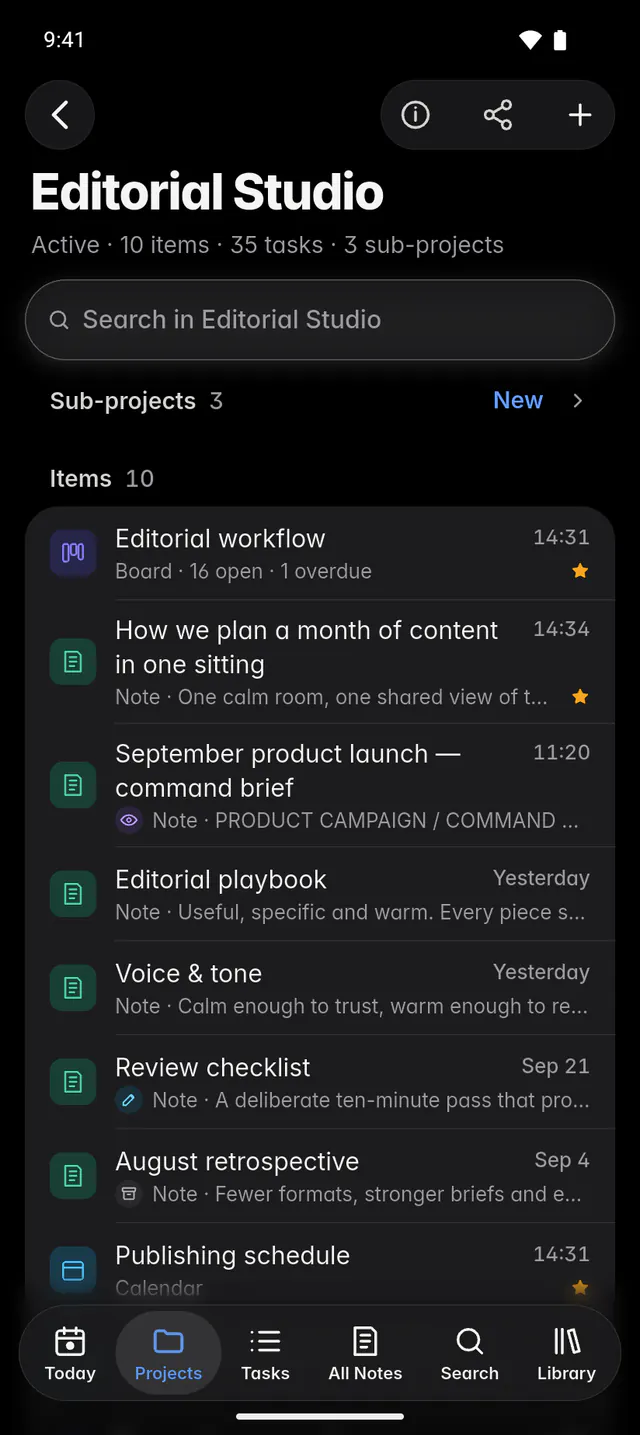 A project page with its progress, its folded Sub-projects section and the tasks due this week (an Android phone)