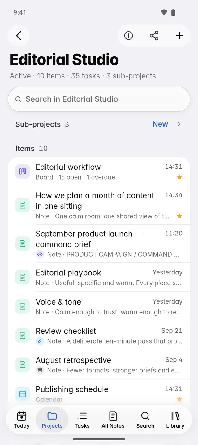 A project page with its progress, its folded Sub-projects section and the tasks due this week (an Android phone)