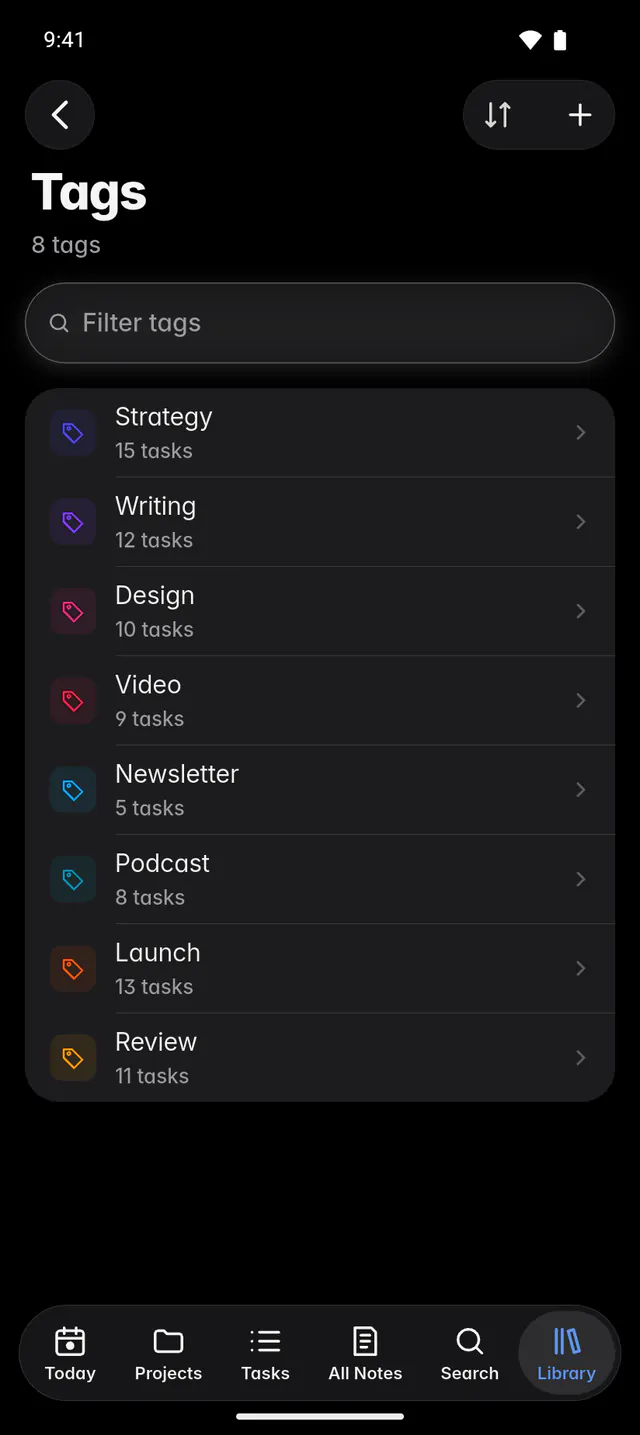 Tags listed with how many items carry each one (an Android phone)