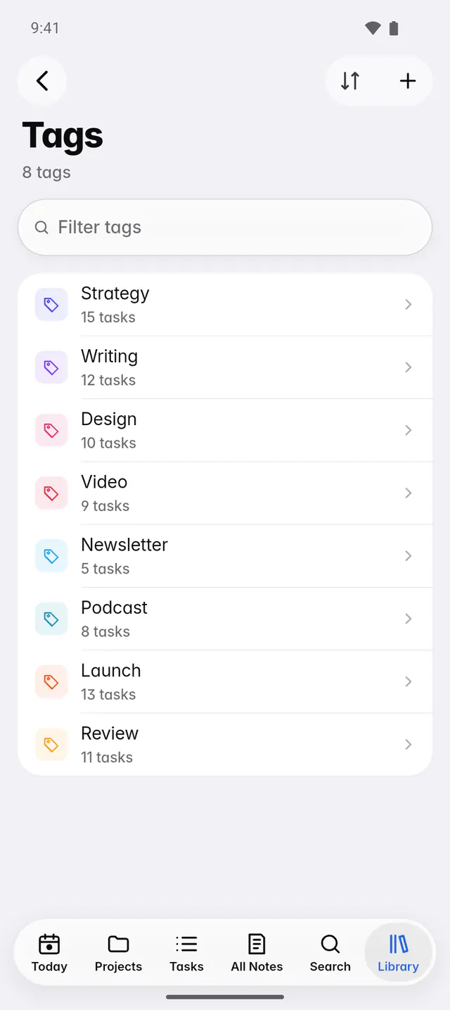 Tags listed with how many items carry each one (an Android phone)