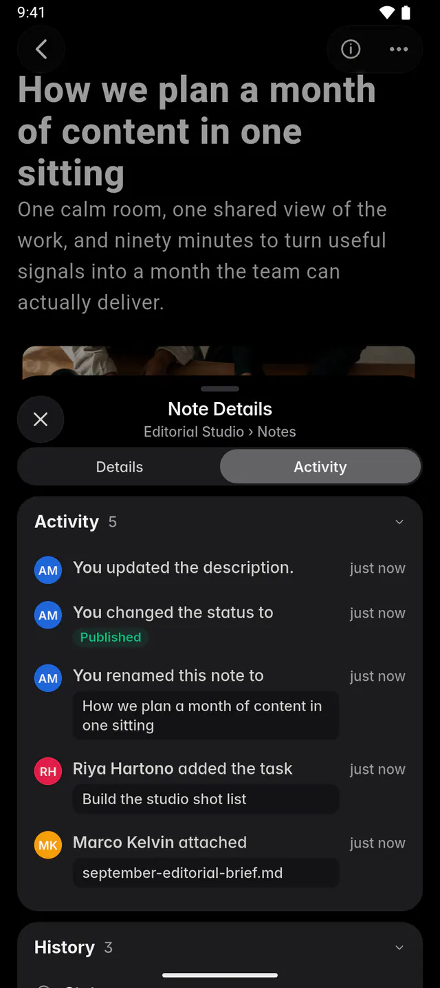 A note's details on the Activity tab, with its activity and the history of its status and name (an Android phone)