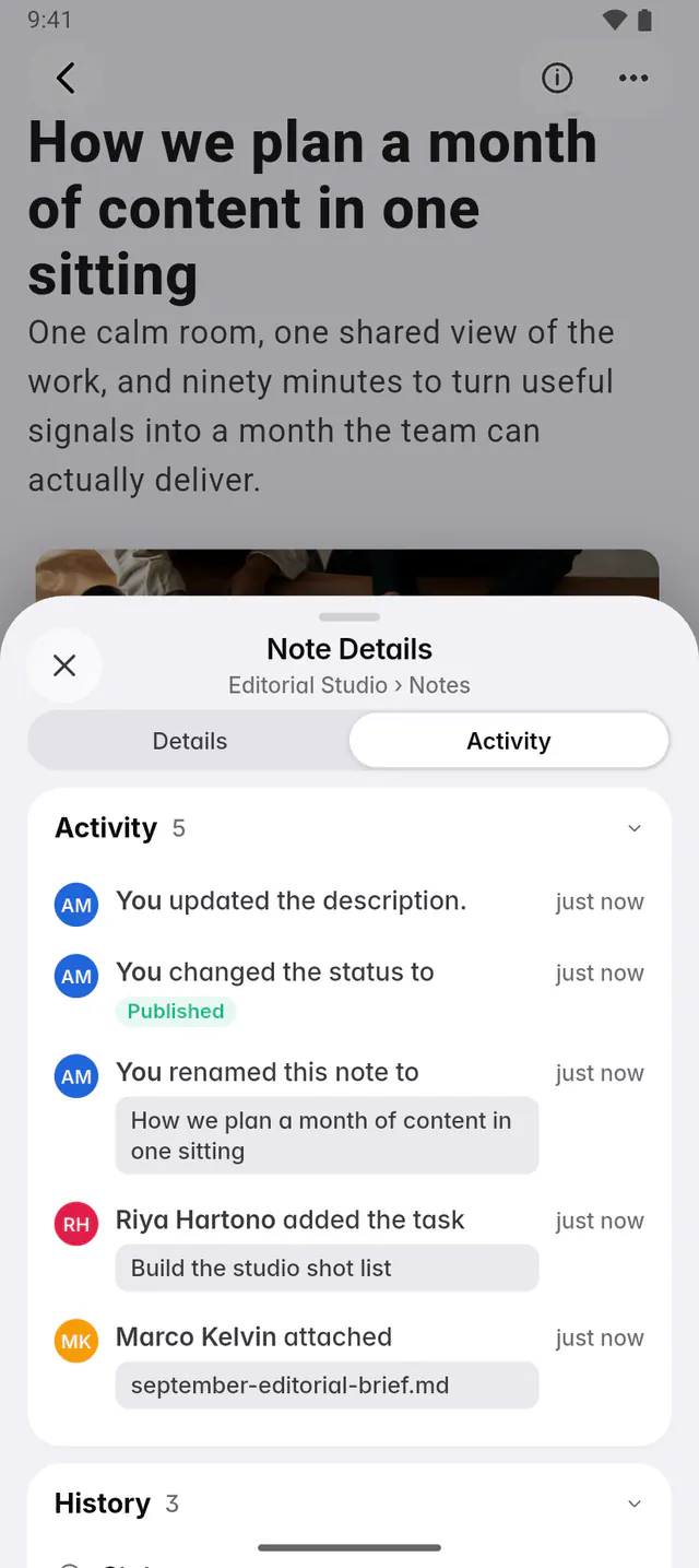 A note's details on the Activity tab, with its activity and the history of its status and name (an Android phone)