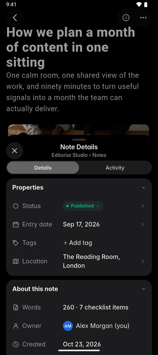 A note's details with its status, entry date, tags and place, then the word count, owner and dates (an Android phone)