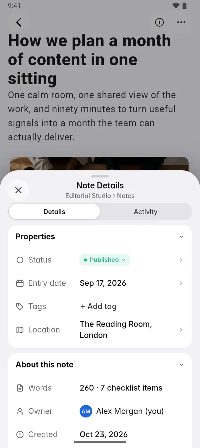 A note's details with its status, entry date, tags and place, then the word count, owner and dates (an Android phone)
