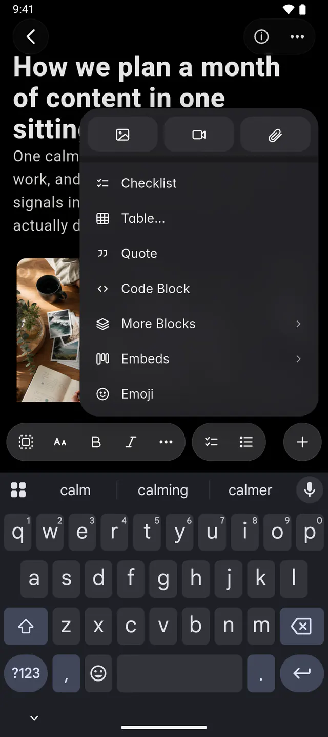 A note's Insert menu with media, blocks, embeds and emoji (an Android phone)