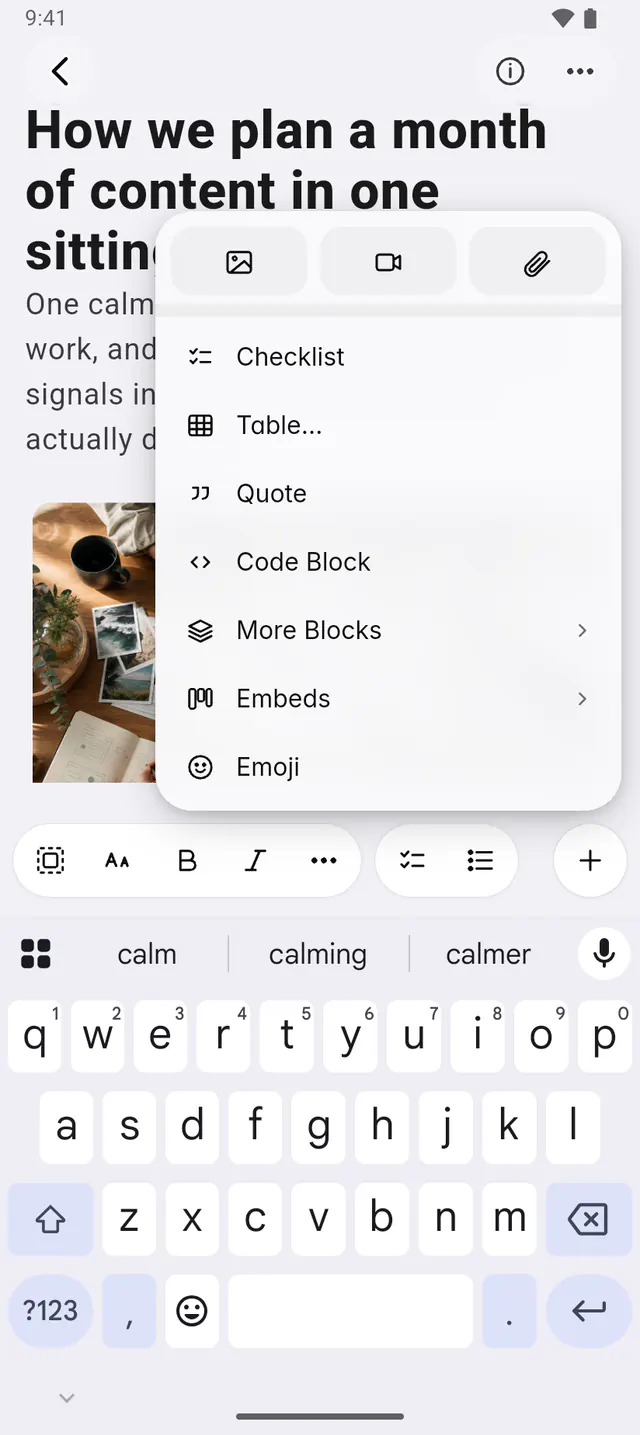 A note's Insert menu with media, blocks, embeds and emoji (an Android phone)