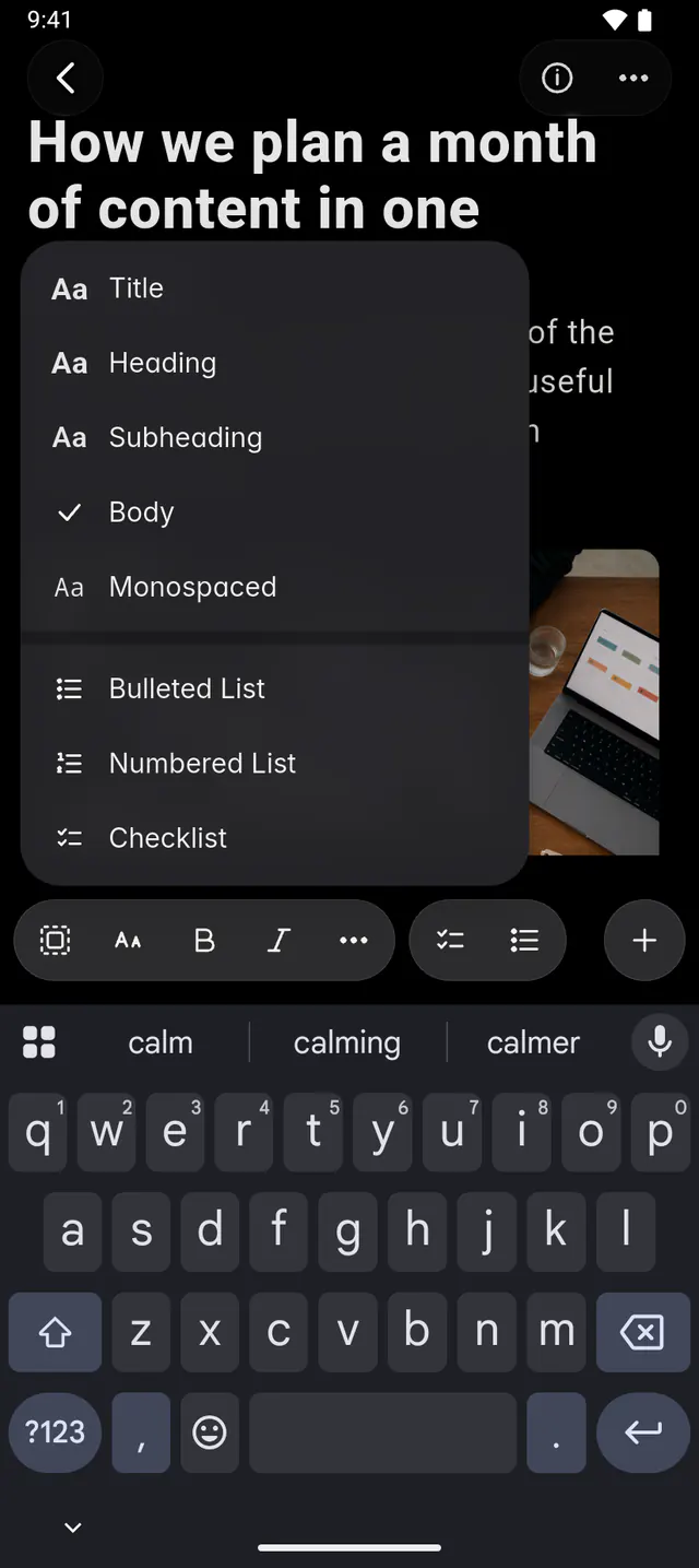 The text style menu of a note, with the heading styles and the lists (an Android phone)