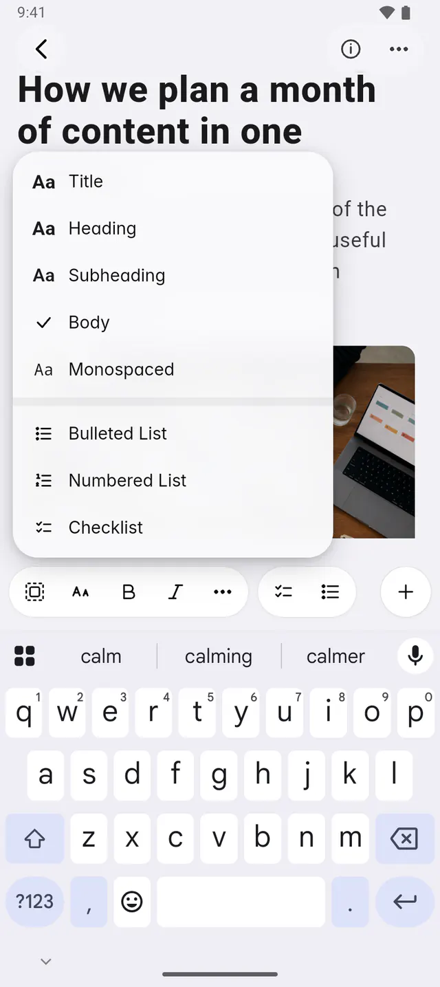The text style menu of a note, with the heading styles and the lists (an Android phone)