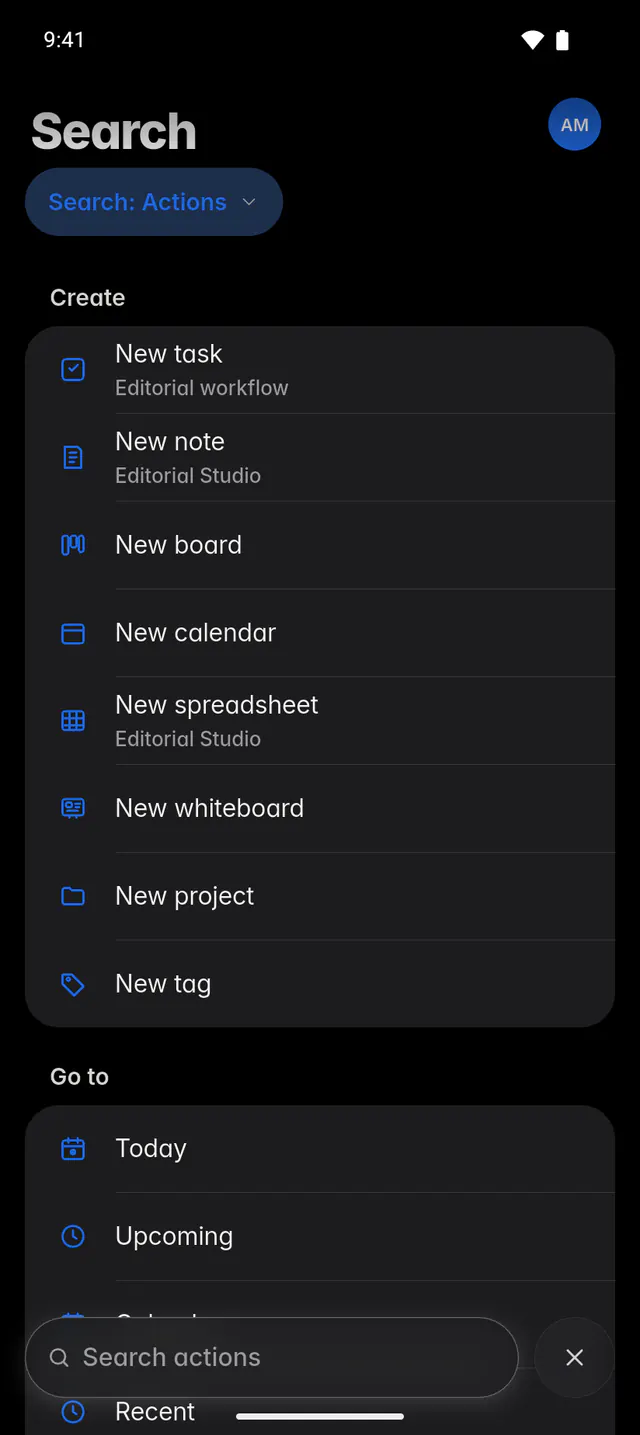Search showing actions, grouped into create and go to (an Android phone)