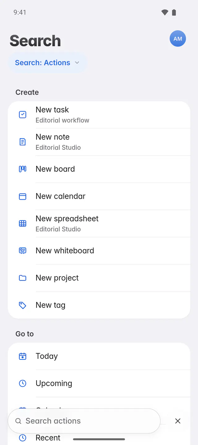 Search showing actions, grouped into create and go to (an Android phone)